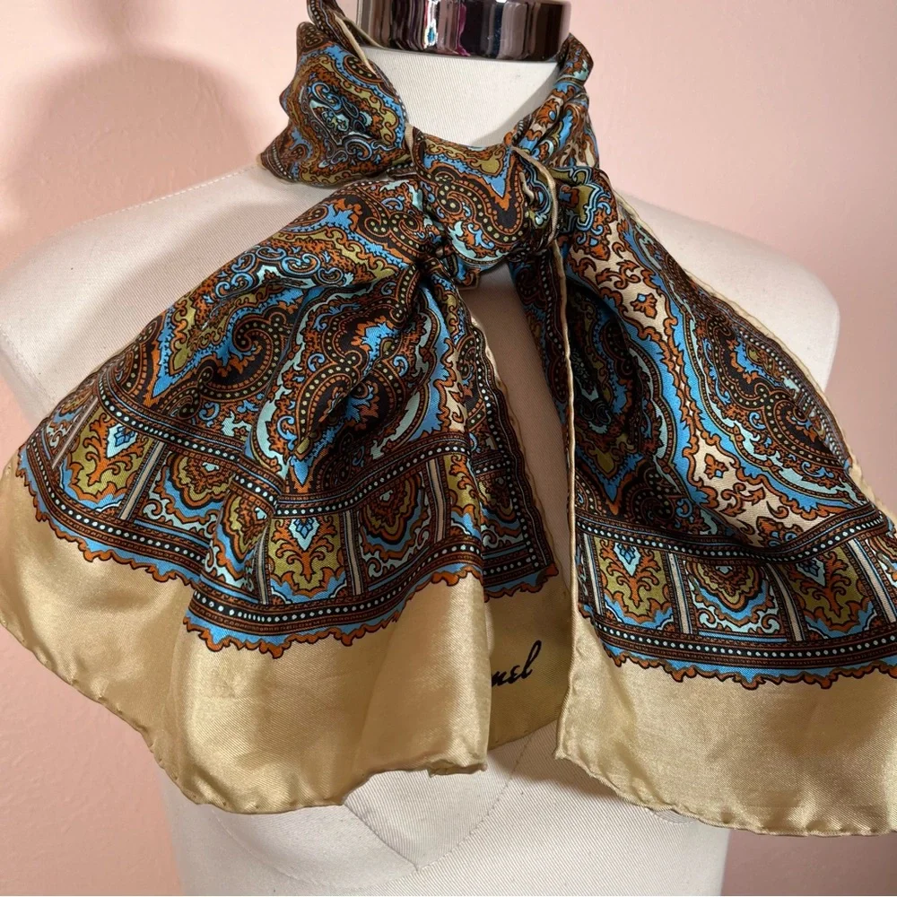 Vintage 1960 70 Burmel Mod Camel Brown blue Silk Made in Italy long Skinny Scarf